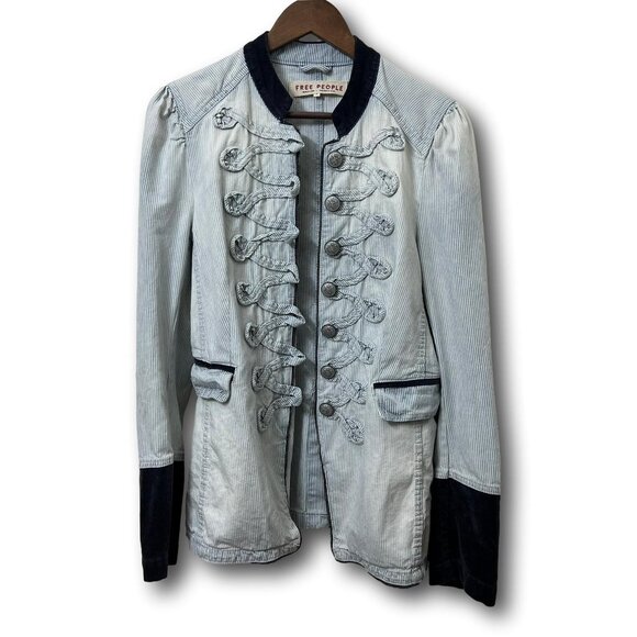 Free People Womens Jacket Medium Striped Denim Military Style Button Blazer - Picture 4 of 16